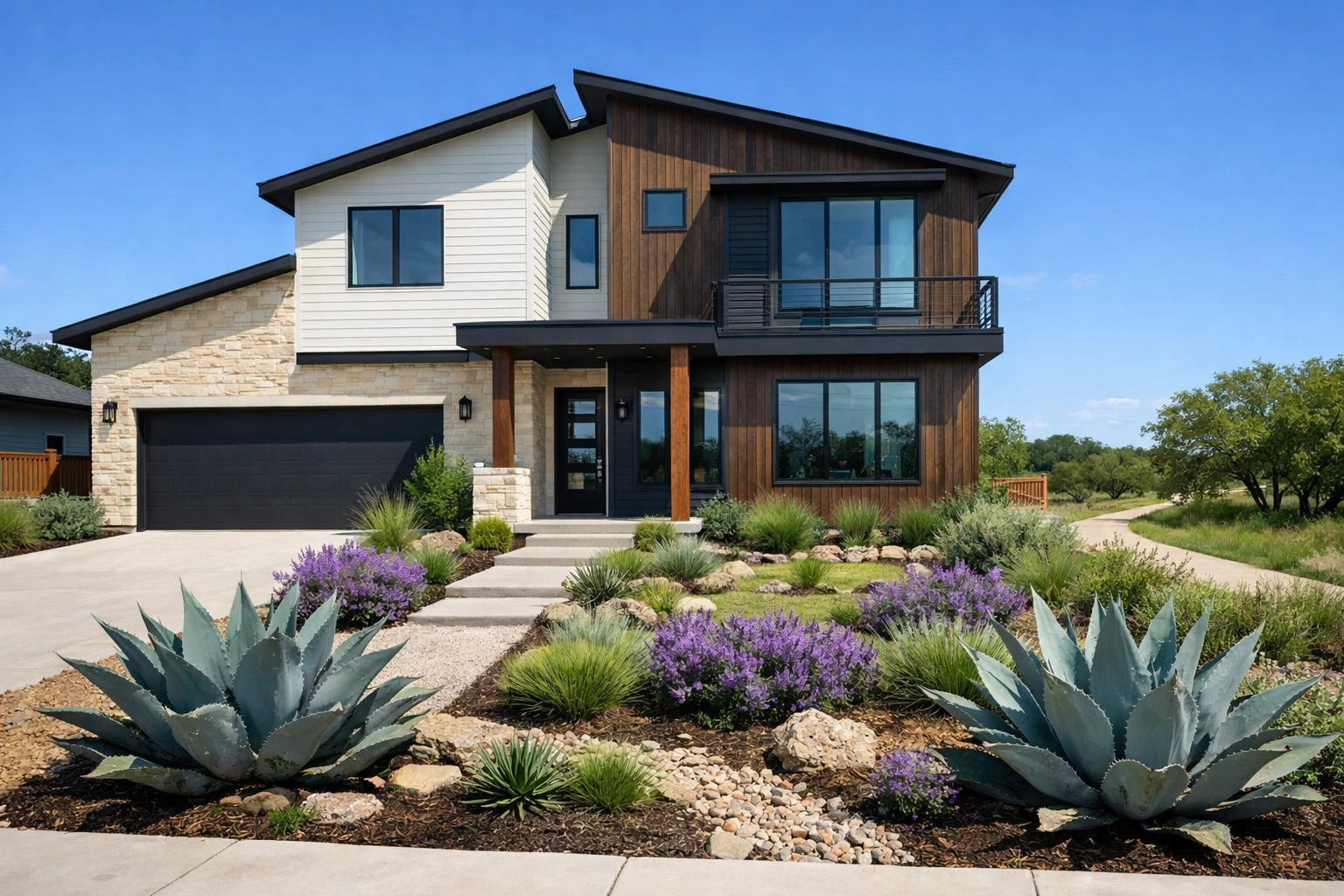 New modern home in a high-growth South Side San Antonio neighborhood with contemporary landscaping.