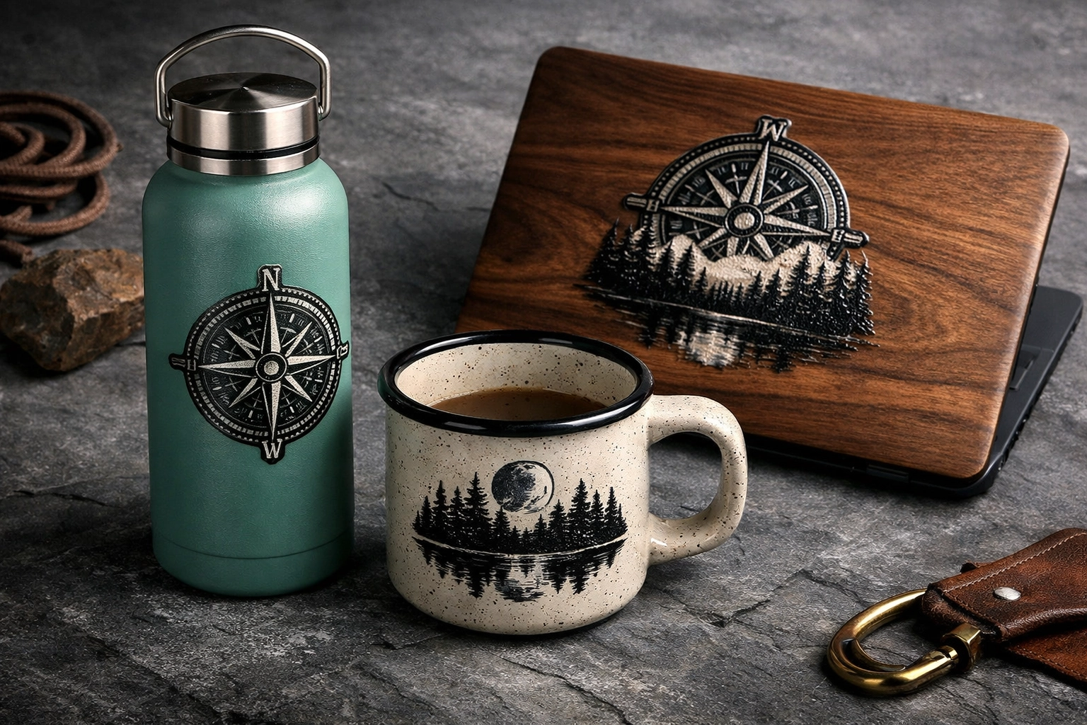 Durable UV DTF stickers applied to water bottles and mugs for high-quality souvenir merchandise.