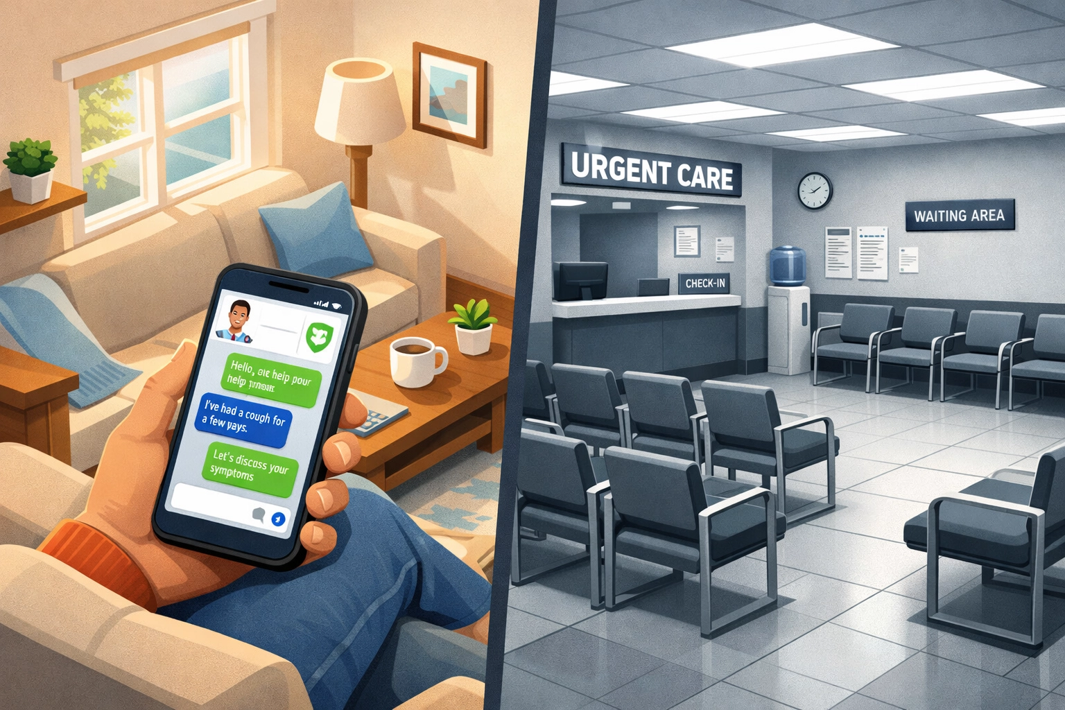 Person texting with doctor from home compared to empty urgent care waiting room