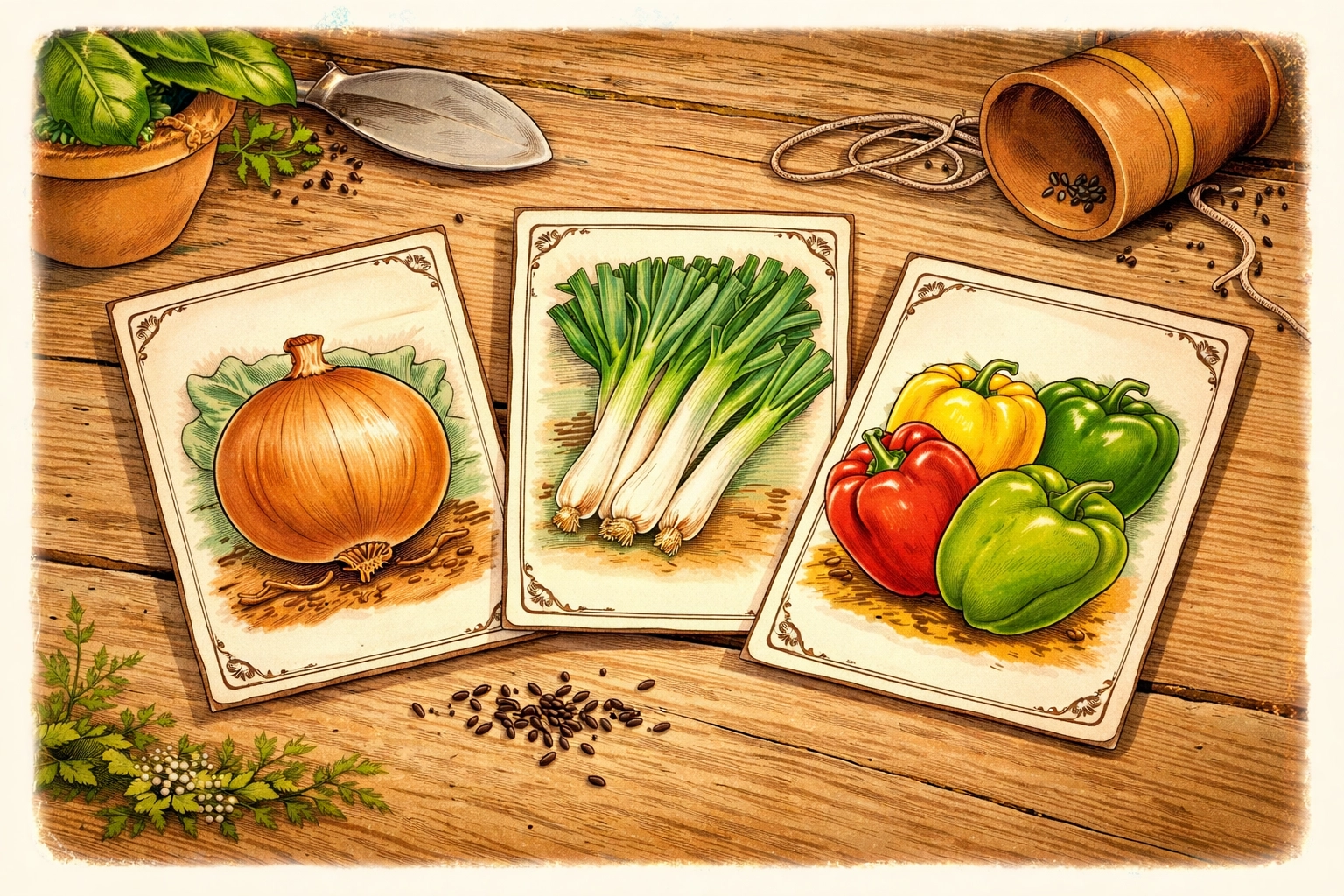 Vintage onion, leek, and pepper seed packets on a rustic table illustrating seeds to start in February.