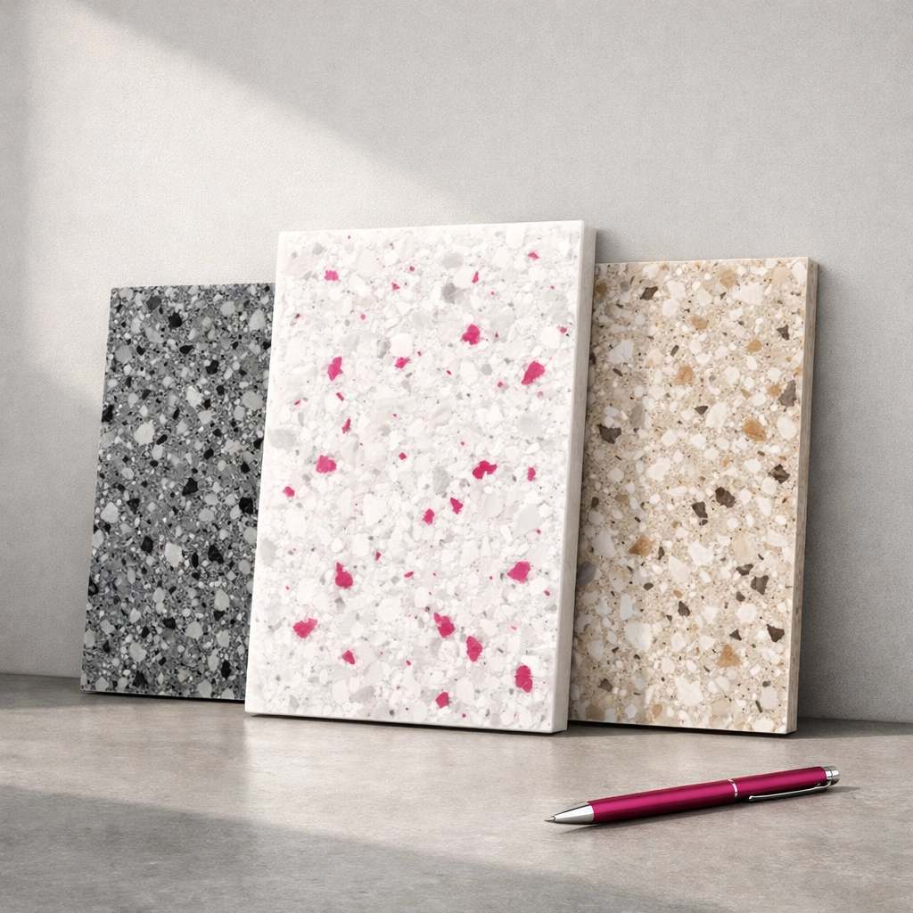 Locally manufactured recycled plastic sheets Australia with terrazzo finishes for modern sustainable fit-outs.