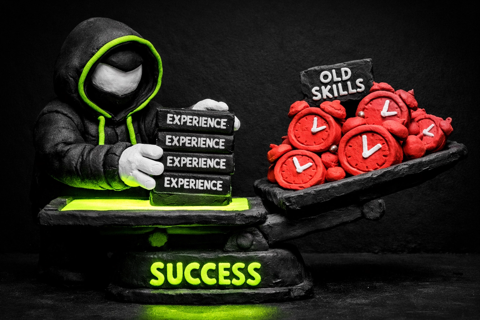 Clay figure weighing recent experience against outdated skills to show ATS recency weighting.