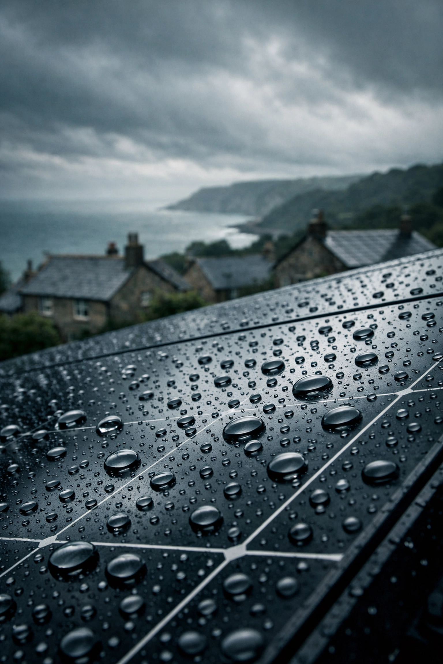 Close-up of durable monocrystalline solar panels performing in overcast weather conditions in a Dorset village.