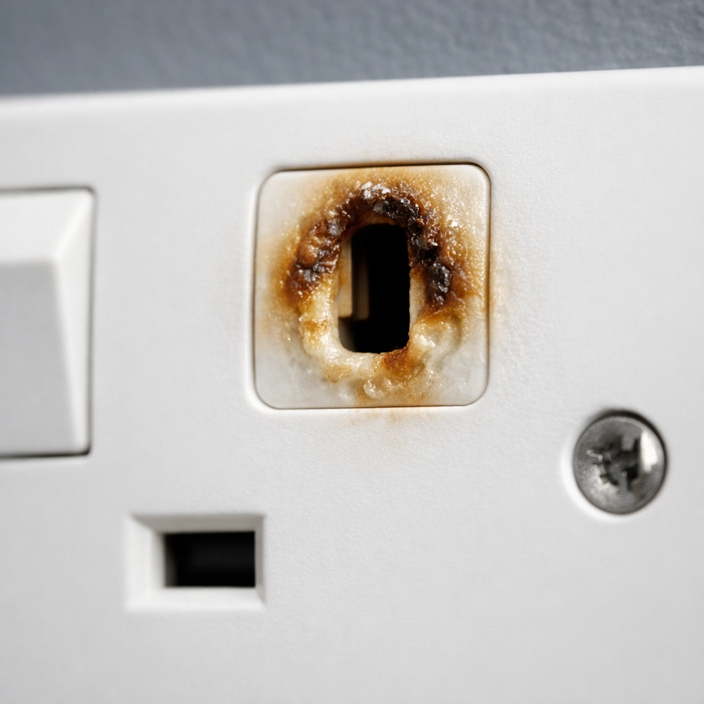 A melted UK wall socket showing heat damage, requiring an emergency electrician in Bournemouth.