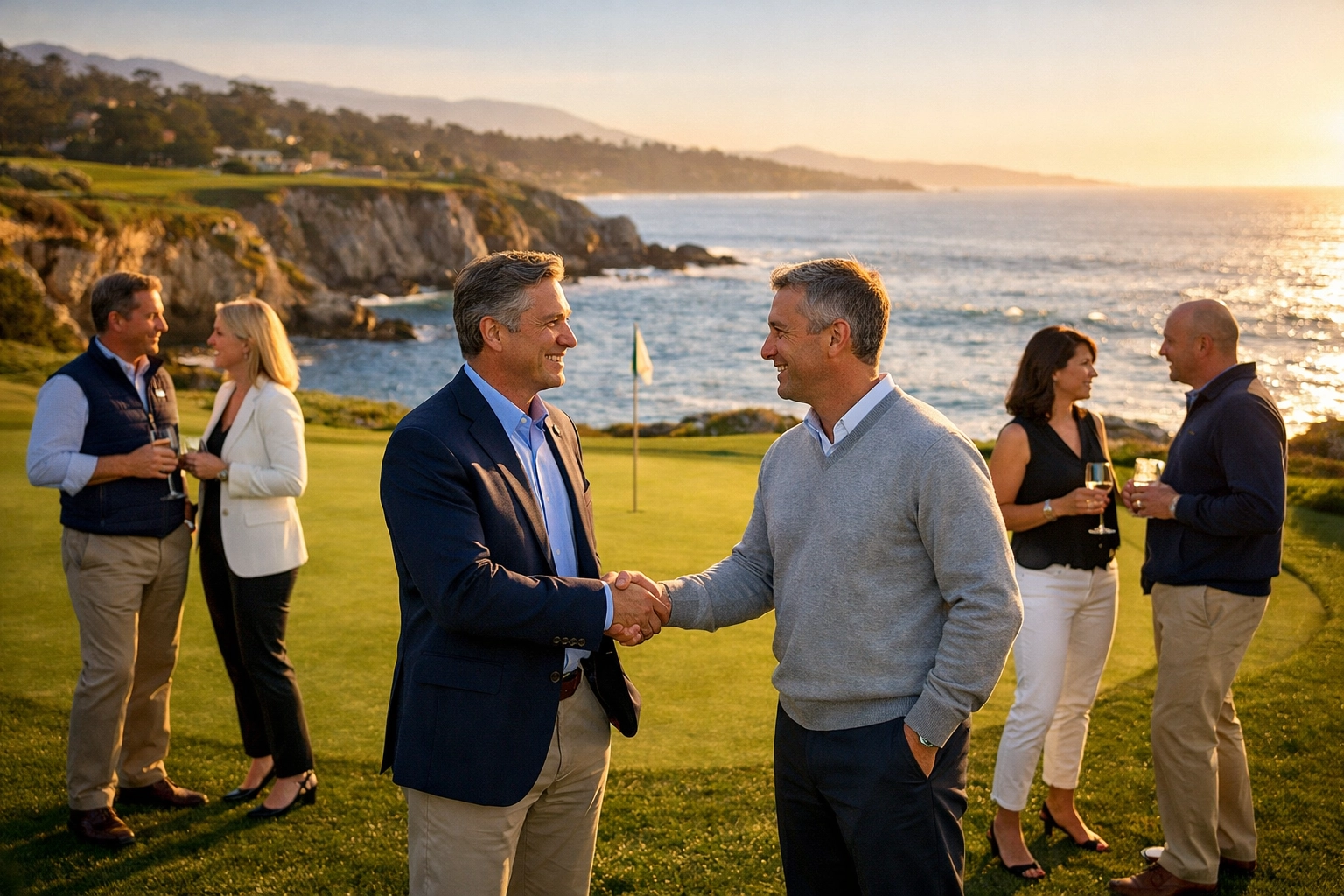 The Ultimate Guide to Super Bowl Corporate Hospitality: How Executives Maximize Brand Visibility at America's Biggest Sporting Event Corporate executives networking at Pebble Beach golf course