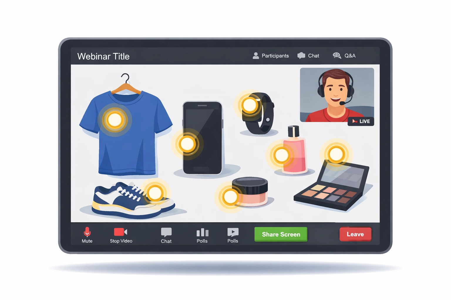 Shoppable video interface showing interactive product hotspots in webinar platform