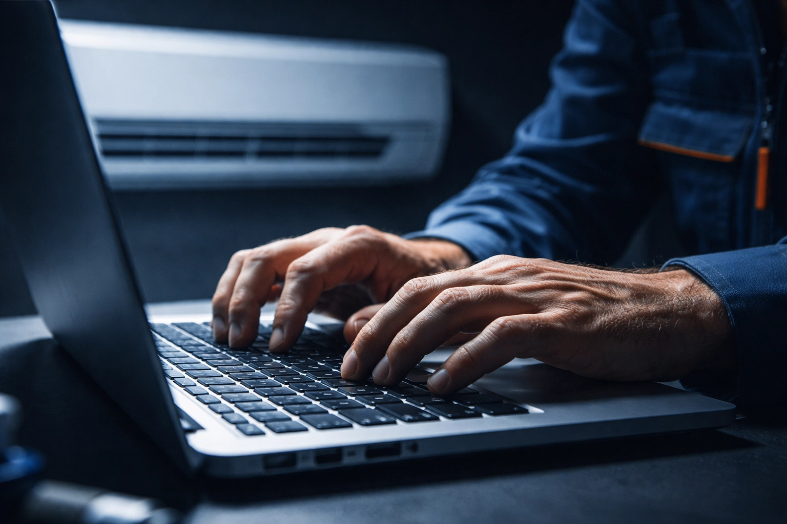 HVAC technician using laptop with air conditioner in background, showcasing local authority maintenance expertise.