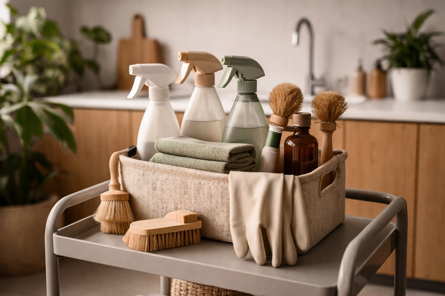 Eco-friendly low-VOC cleaning products in a modern office to improve air quality