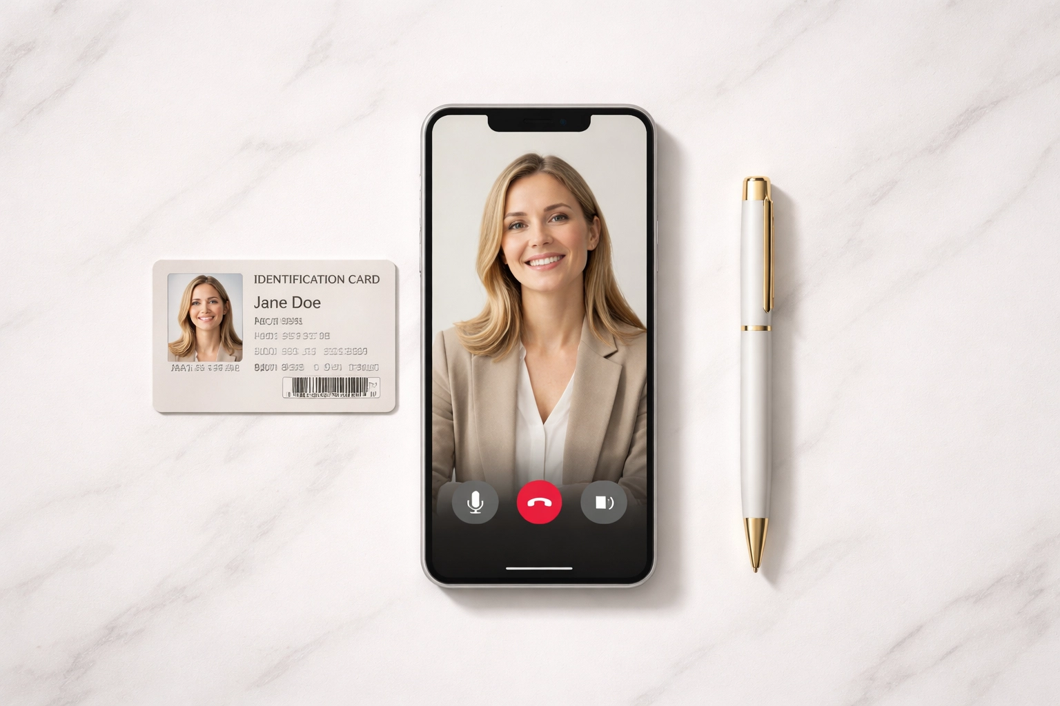 Flat lay of a smartphone displaying a notarization video session with ID and pen, showing secure online identity verification