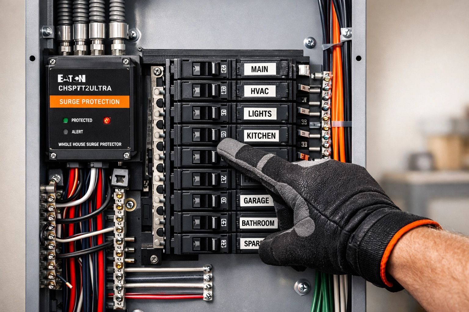 Neatly labeled electrical panel featuring a whole house surge protector installed by a professional electrician.