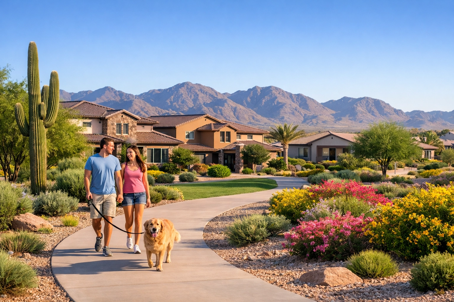Modern South Goodyear real estate featuring community walking paths and Estrella Mountain views. Modern South Goodyear real estate featuring community walking paths and Estrella Mountain views.