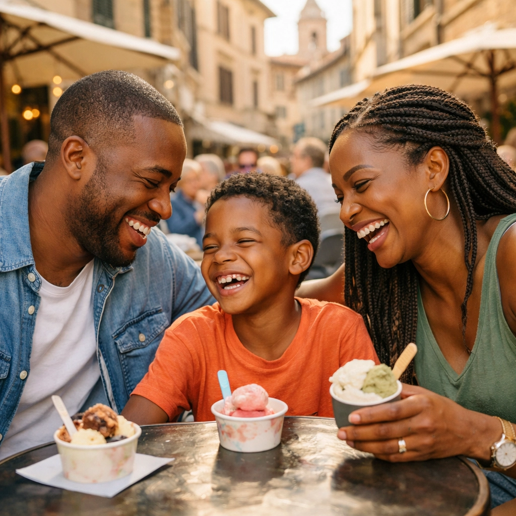Family enjoying unscheduled moment at European cafe showcasing flexible travel itinerary benefits