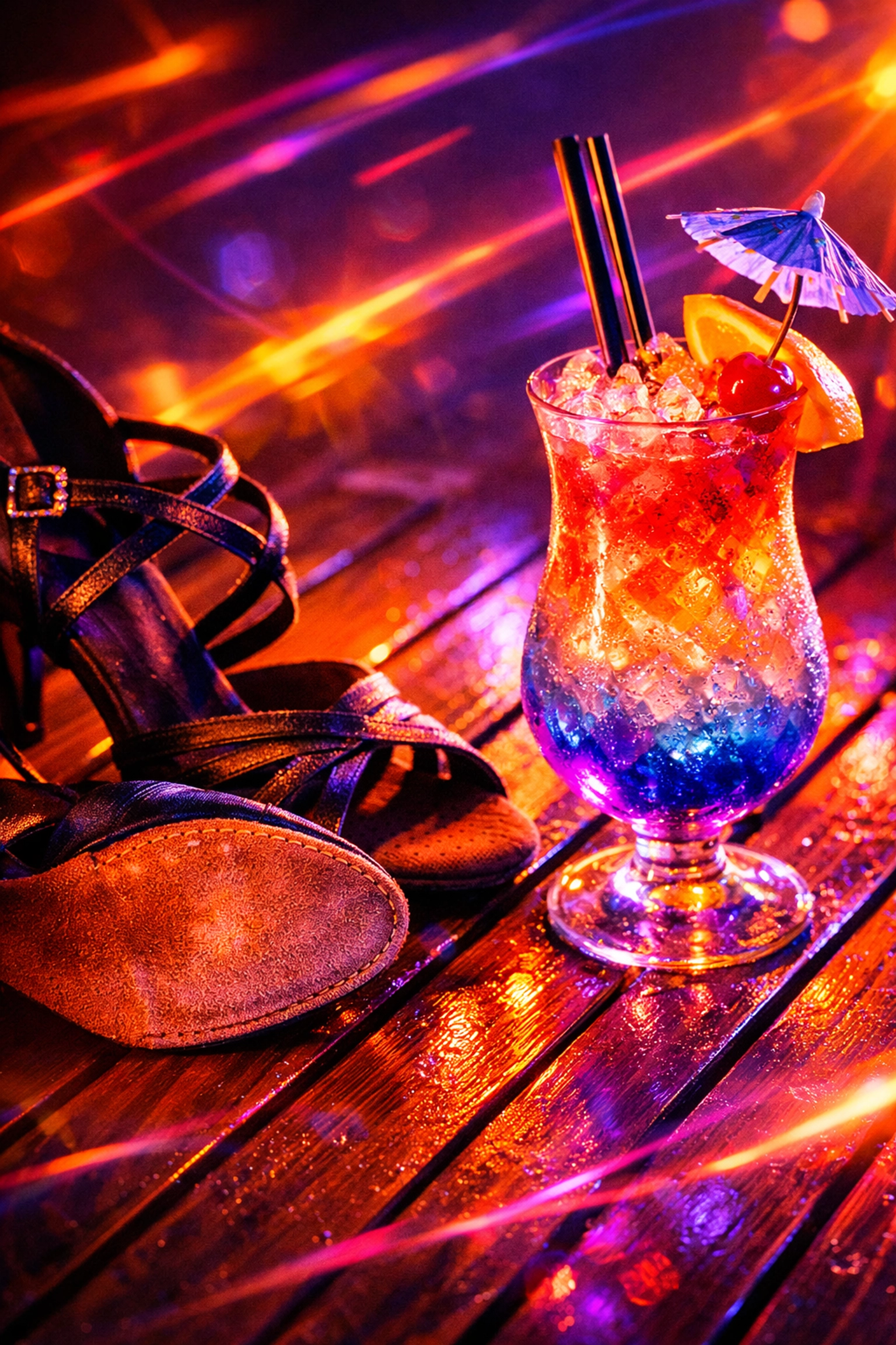 Close-up of professional dance shoes and a tropical cocktail on a cruise ship deck at sunset.