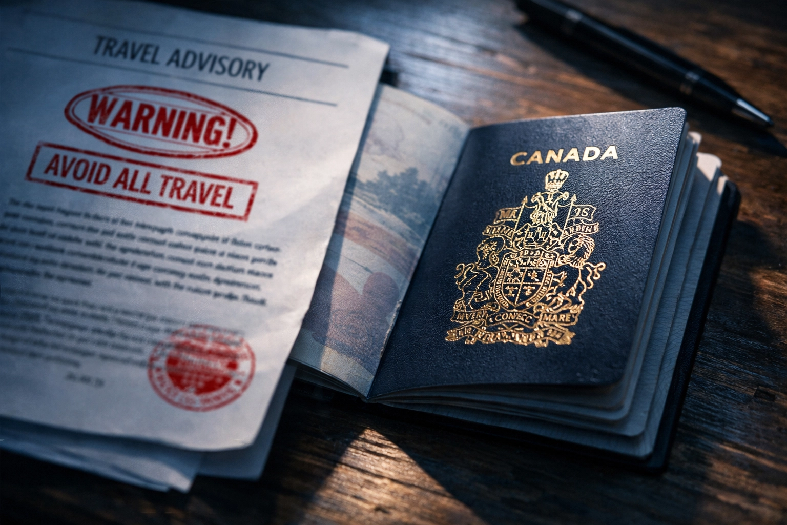 Canadian passport with Mexico travel advisory document showing government warnings