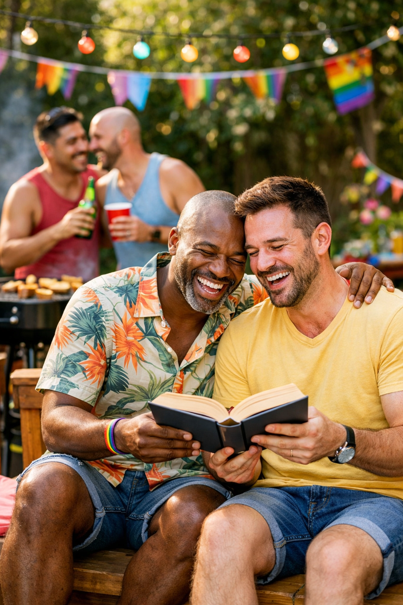 Diverse group of gay men enjoying a book club gathering, celebrating LGBTQ+ literature and community.
