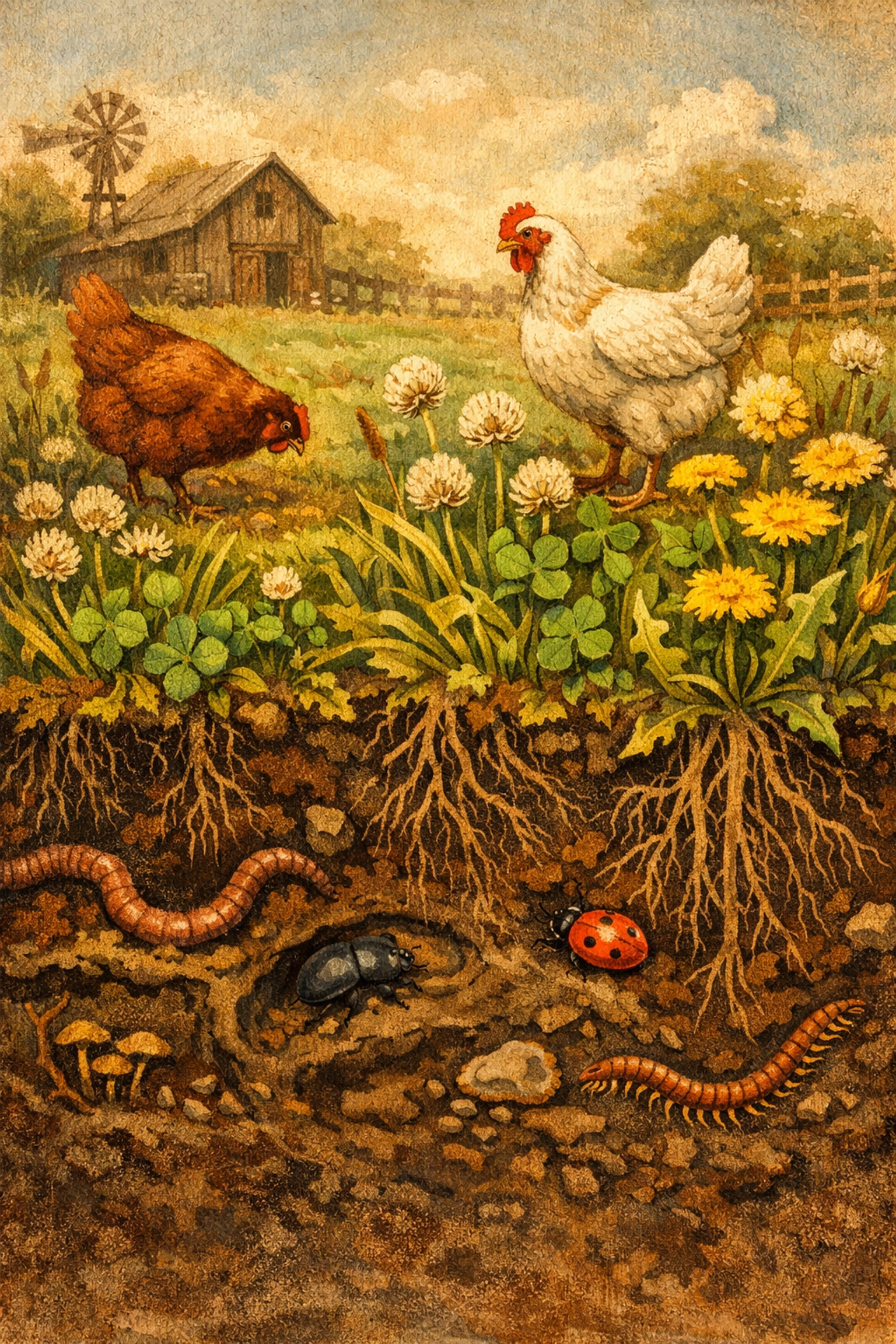 Diverse pasture ecosystem with grass, clover, and insects that provide natural diet for free-range hens