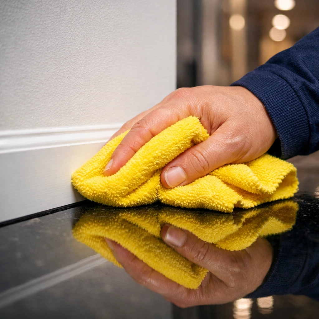 Hand-wiping white baseboards to remove drywall dust during a professional post construction clean in Leominster.