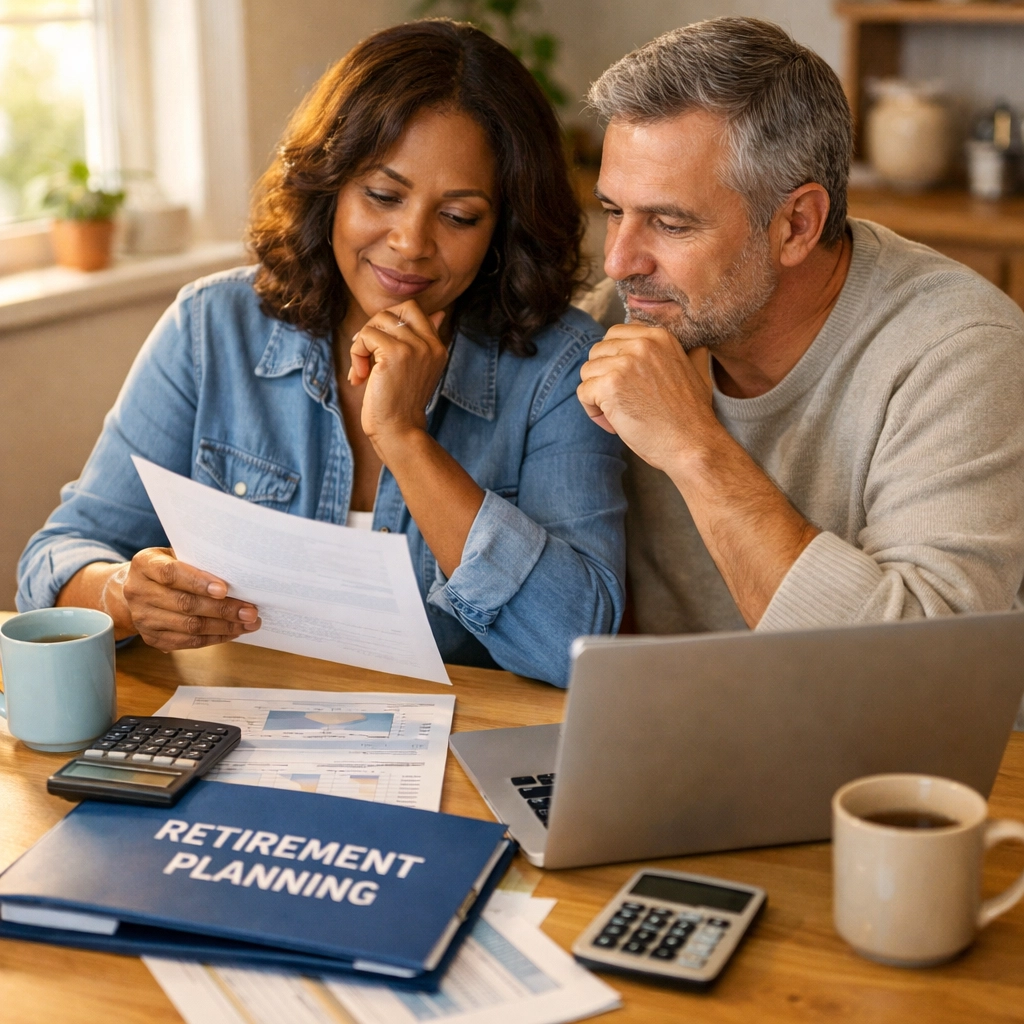 Couple reviewing retirement planning documents and tax strategy at home