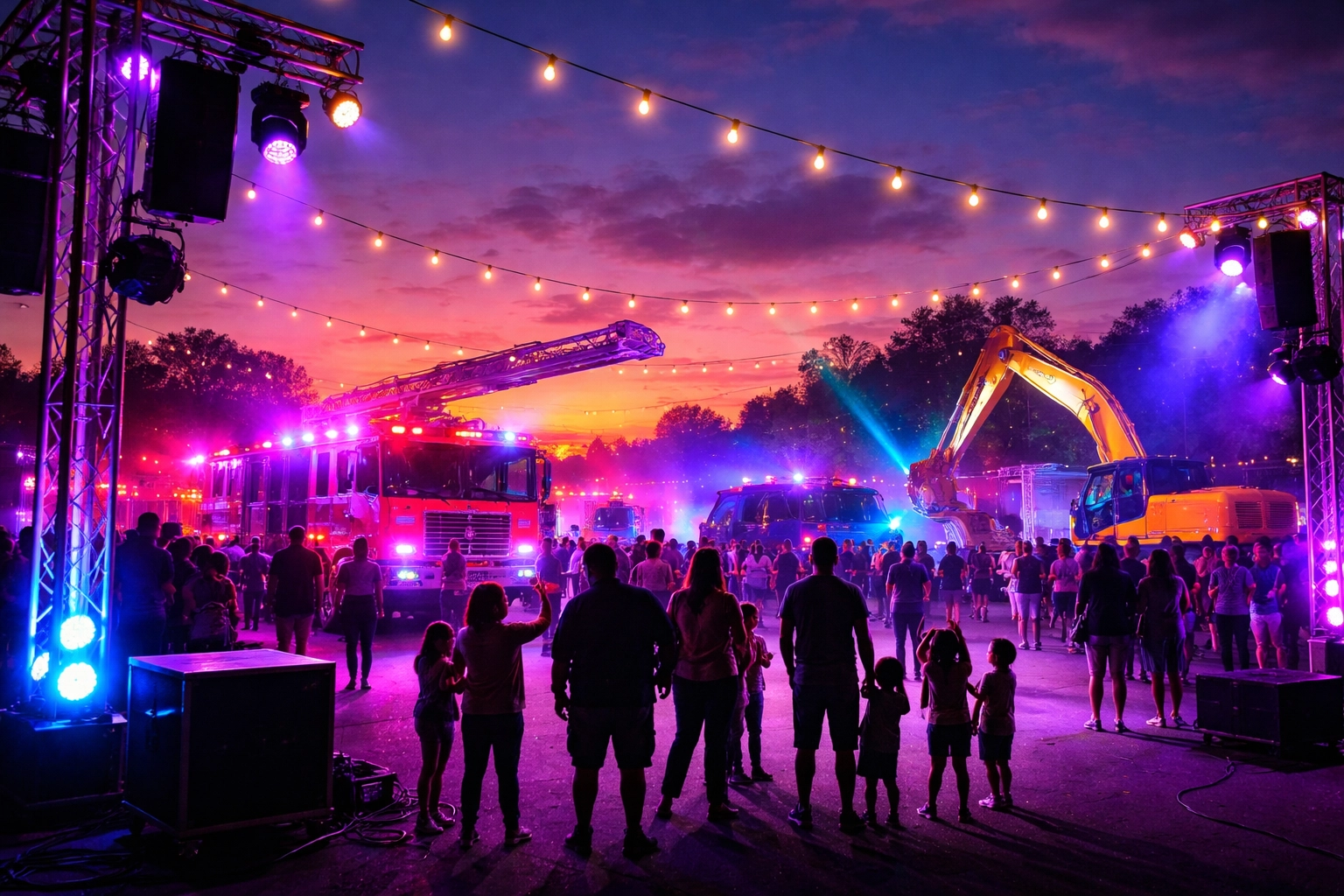 Touch-a-Truck event at dusk with colorful lights, families exploring emergency vehicles, and professional event ambiance.