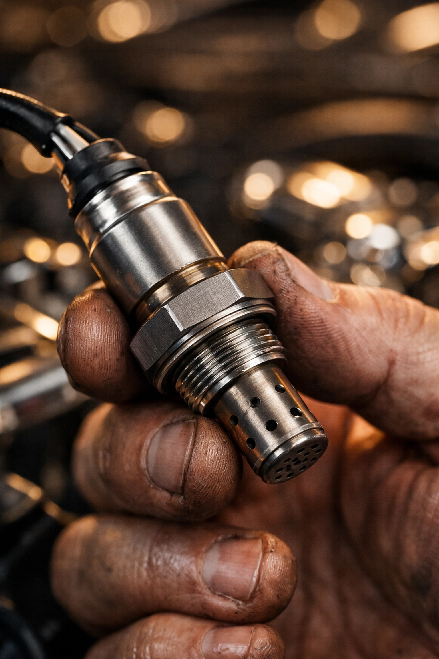 A professional mechanic holding a metallic oxygen sensor during a car diagnostic service.