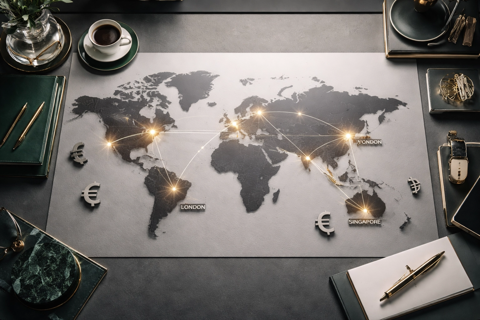 Executive desk world map highlighting global hedge fund diversification and international market connections