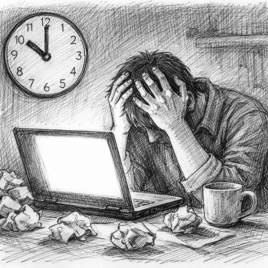 Service business owner struggling with writer's block while blogging late at night