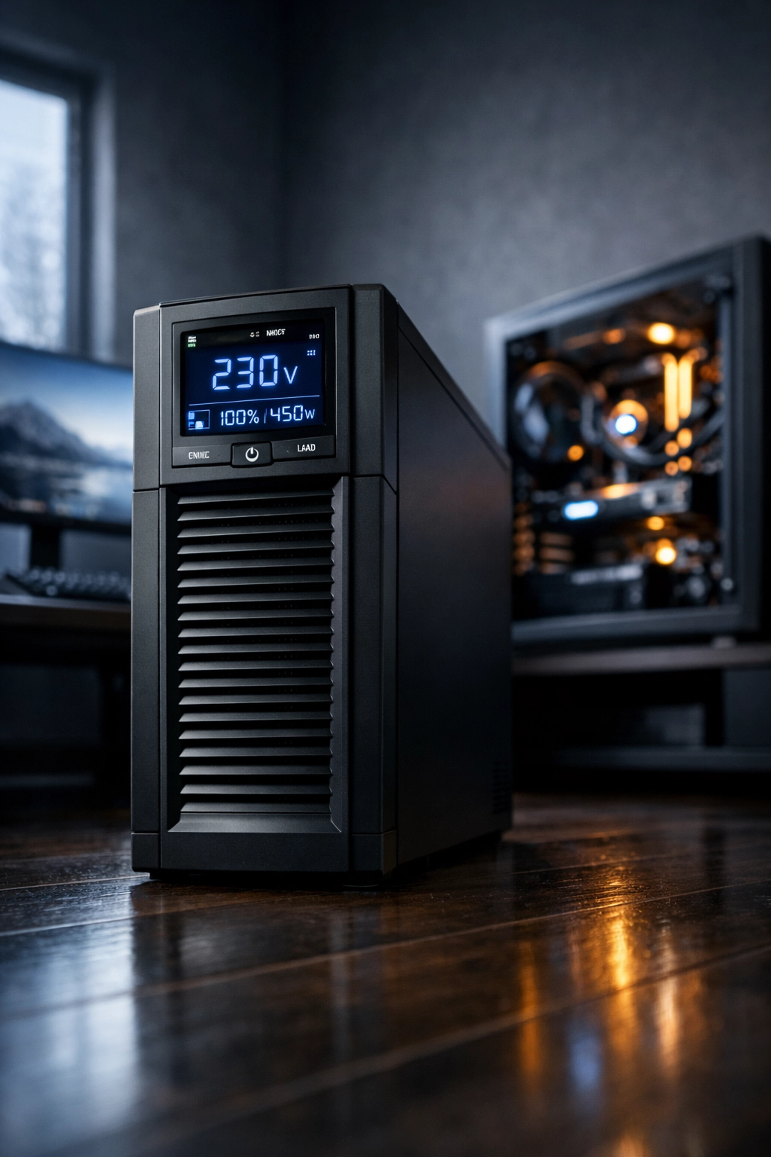 Professional UPS unit protecting a high-performance gaming PC in a modern home office during winter.