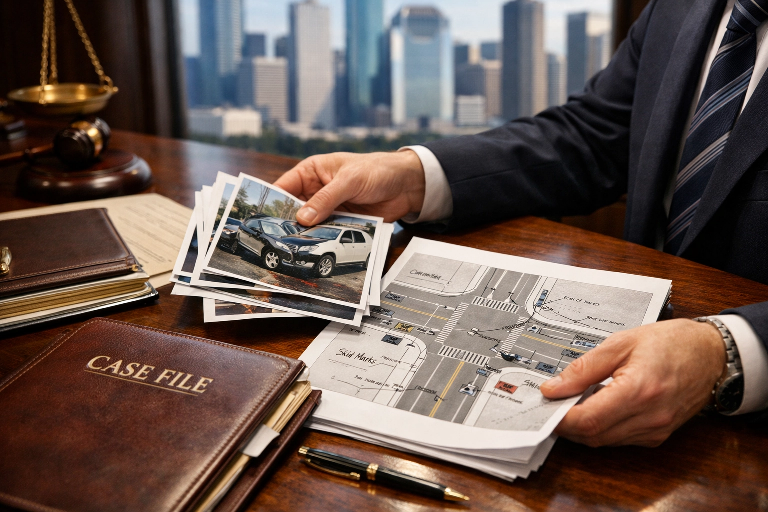 Houston injury lawyer reviewing accident evidence and photos for a 51 percent bar rule claim.