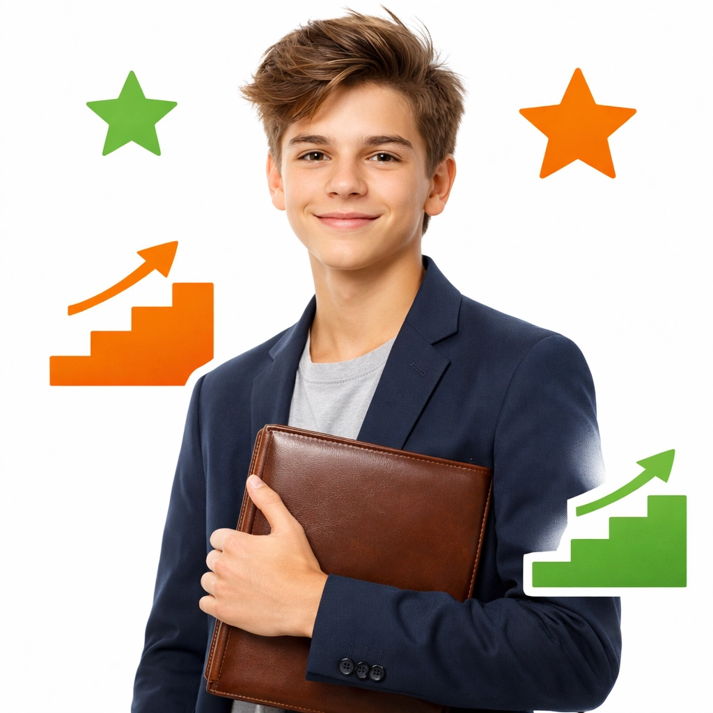 A poised teenager in a blazer holding a portfolio, symbolizing career readiness and professional growth.