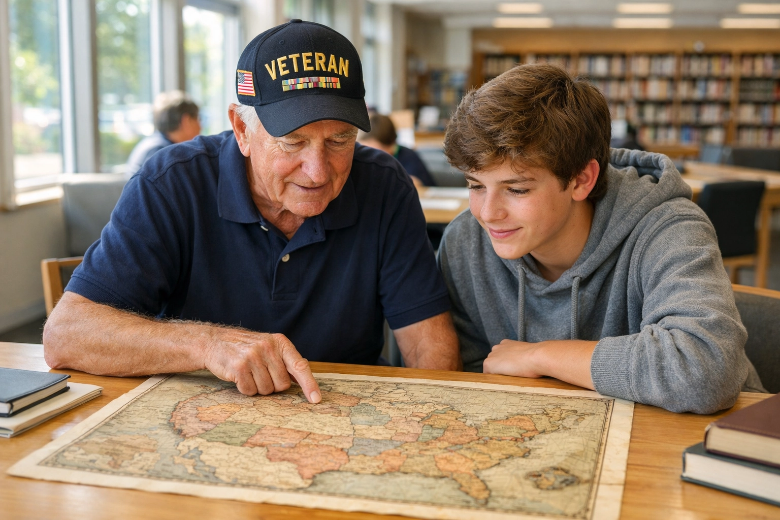 Military veteran and student studying a US map to promote civic education for America