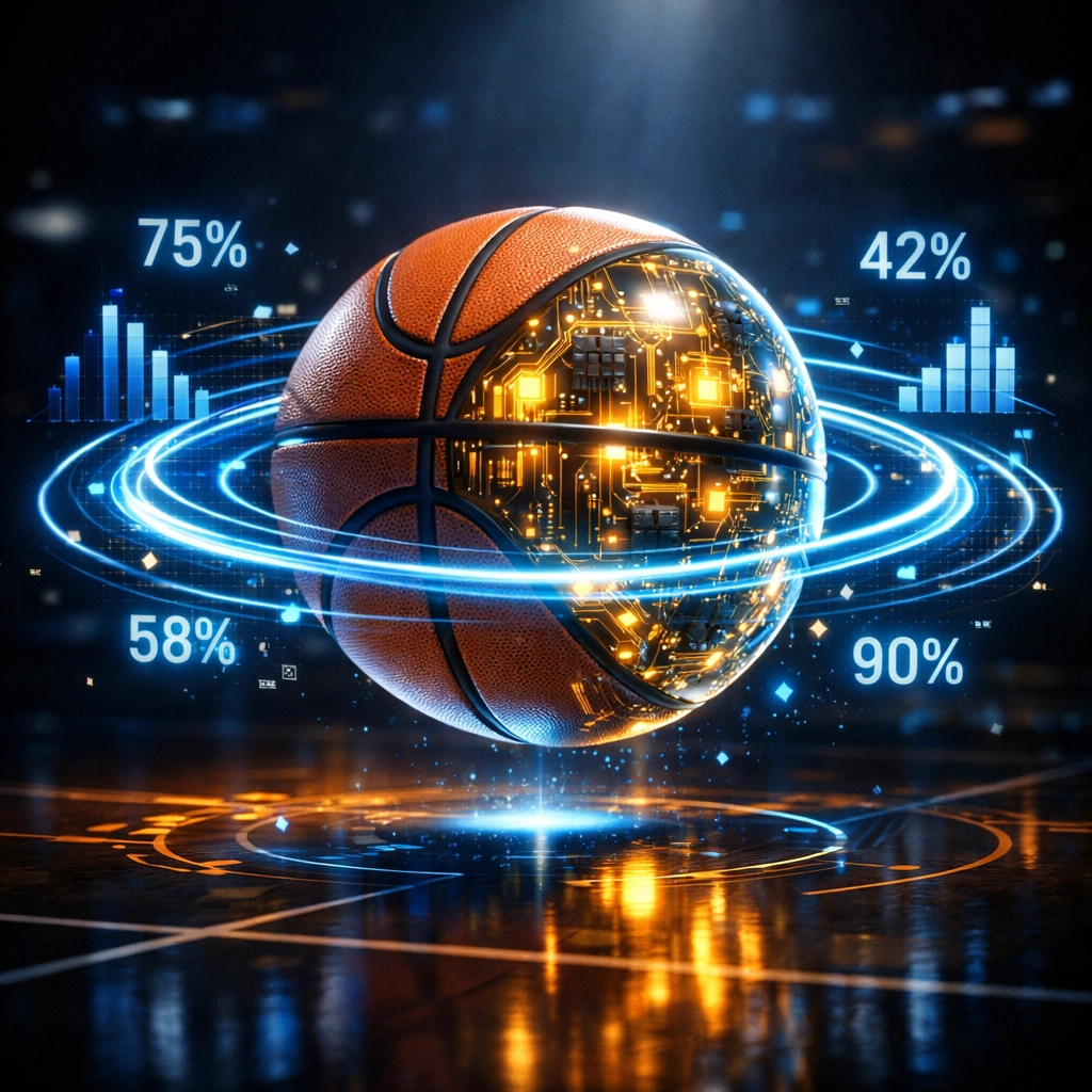 High-tech digital basketball and holographic data charts illustrating NBA betting trends and statistics.