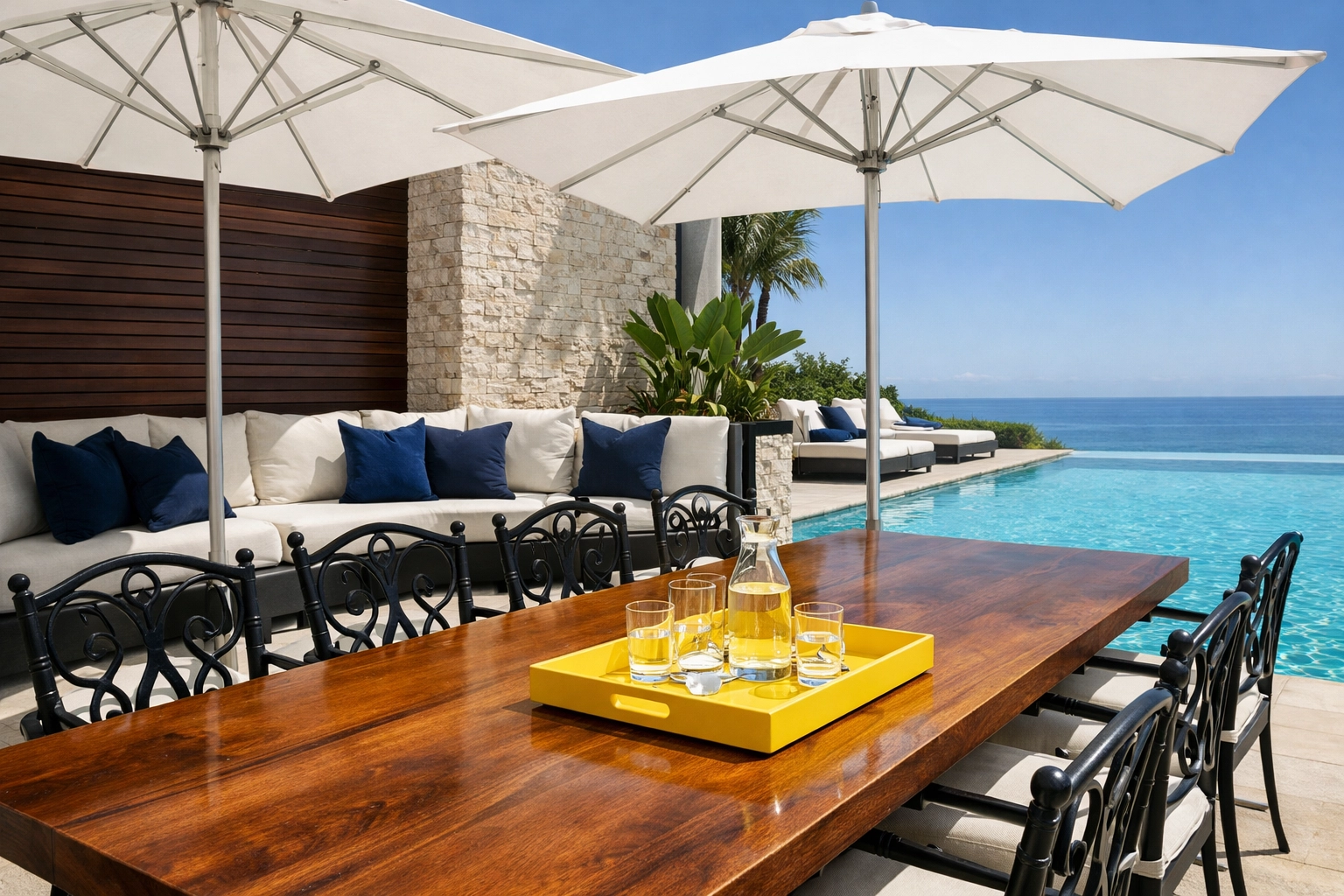 Polished wood dining table and wrought iron chairs on a clean, high-end poolside patio.