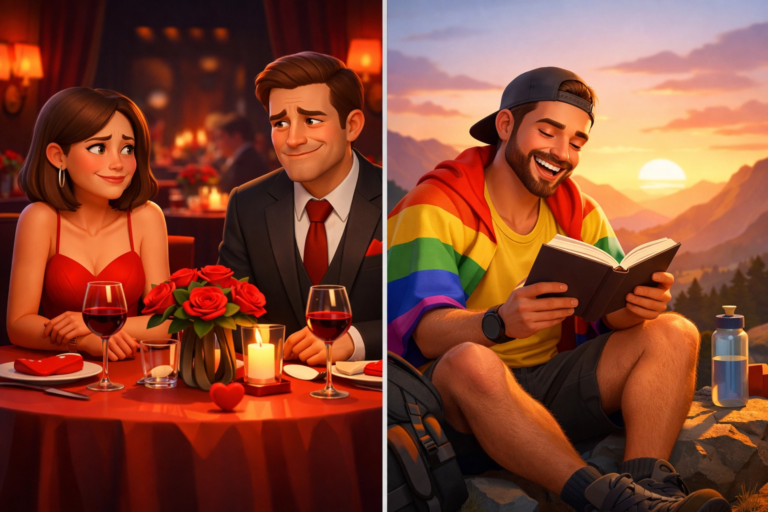 Happy single gay man reading versus stressed couple at Valentine's dinner showing dating freedom