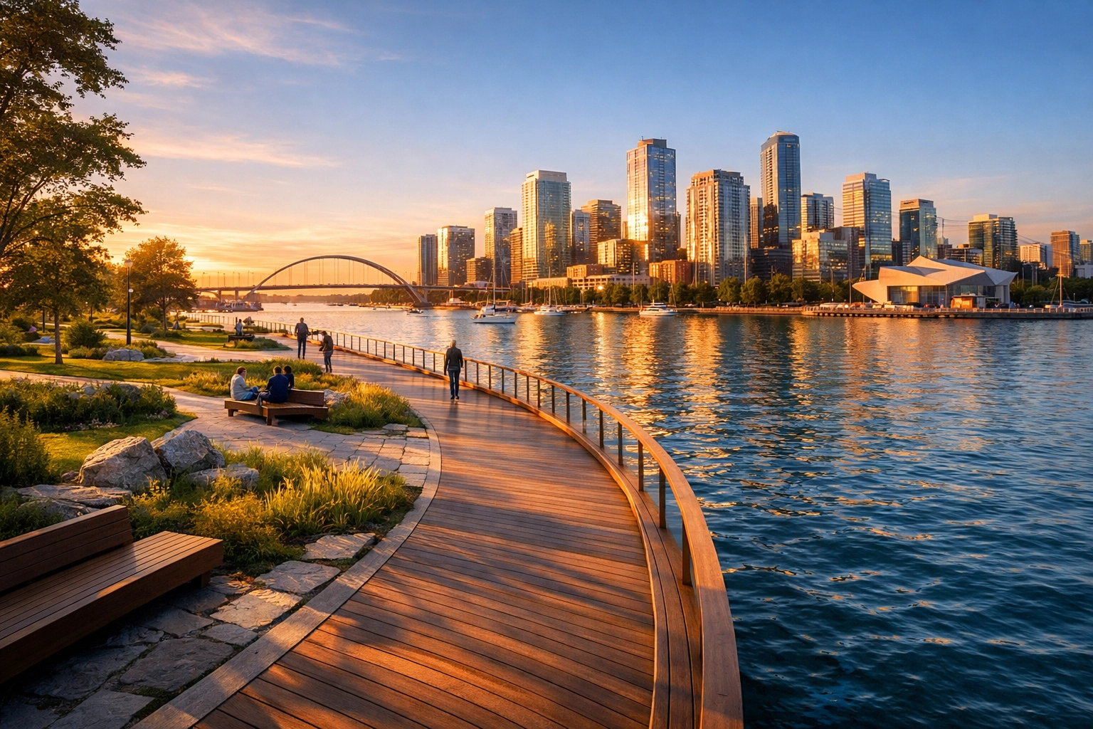 Modern wooden boardwalk and green space along the Hamilton West Harbour waterfront at sunset.