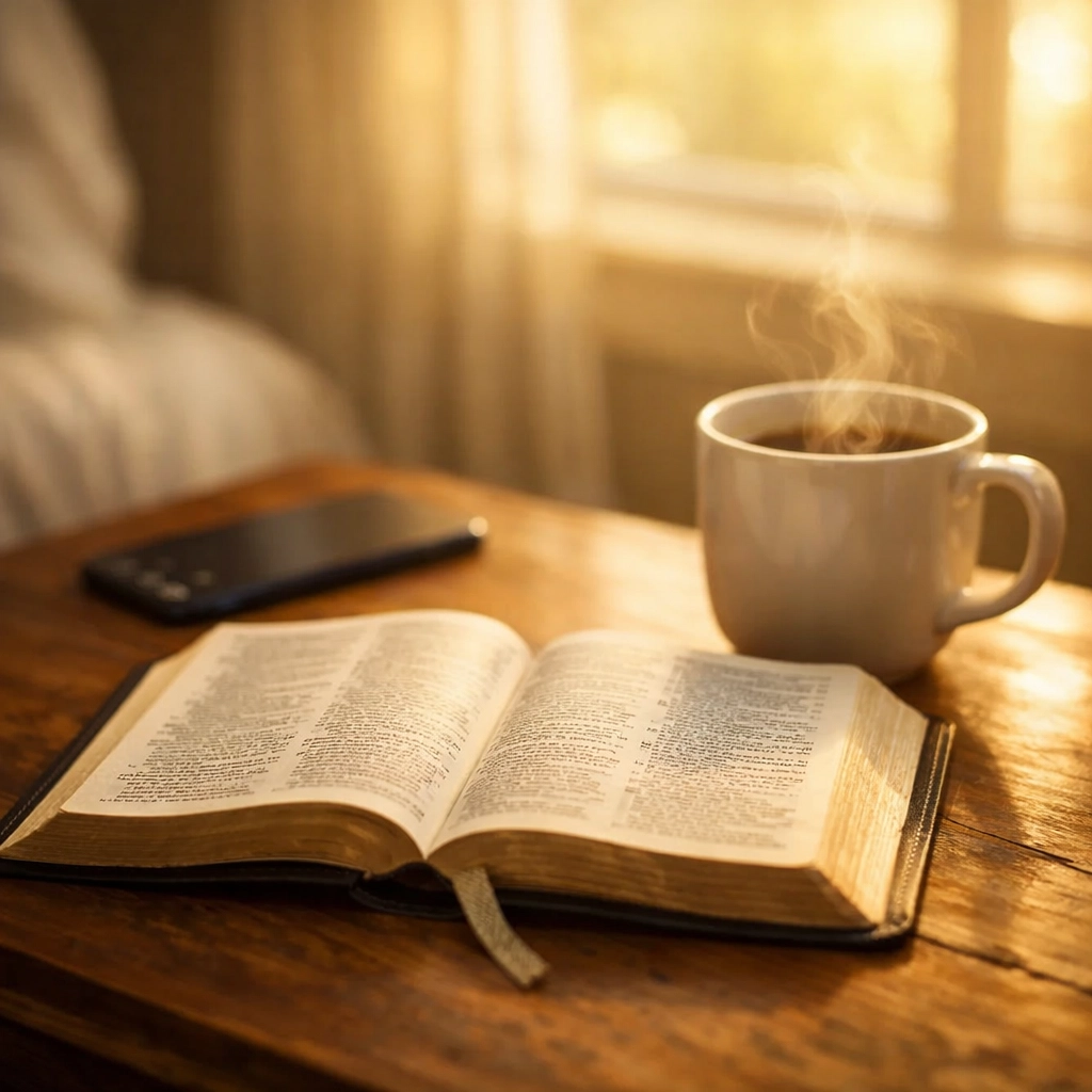 Morning routine with Bible and coffee next to phone for peaceful news consumption