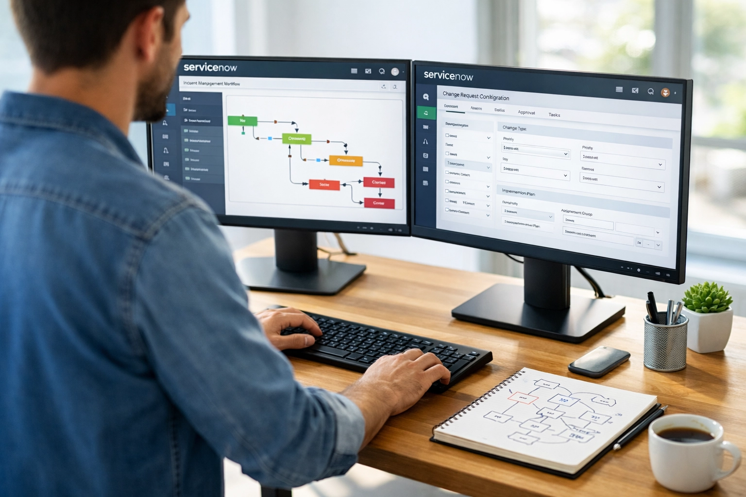 ServiceNow developer configuring ITSM workflows on dual monitors in modern workspace
