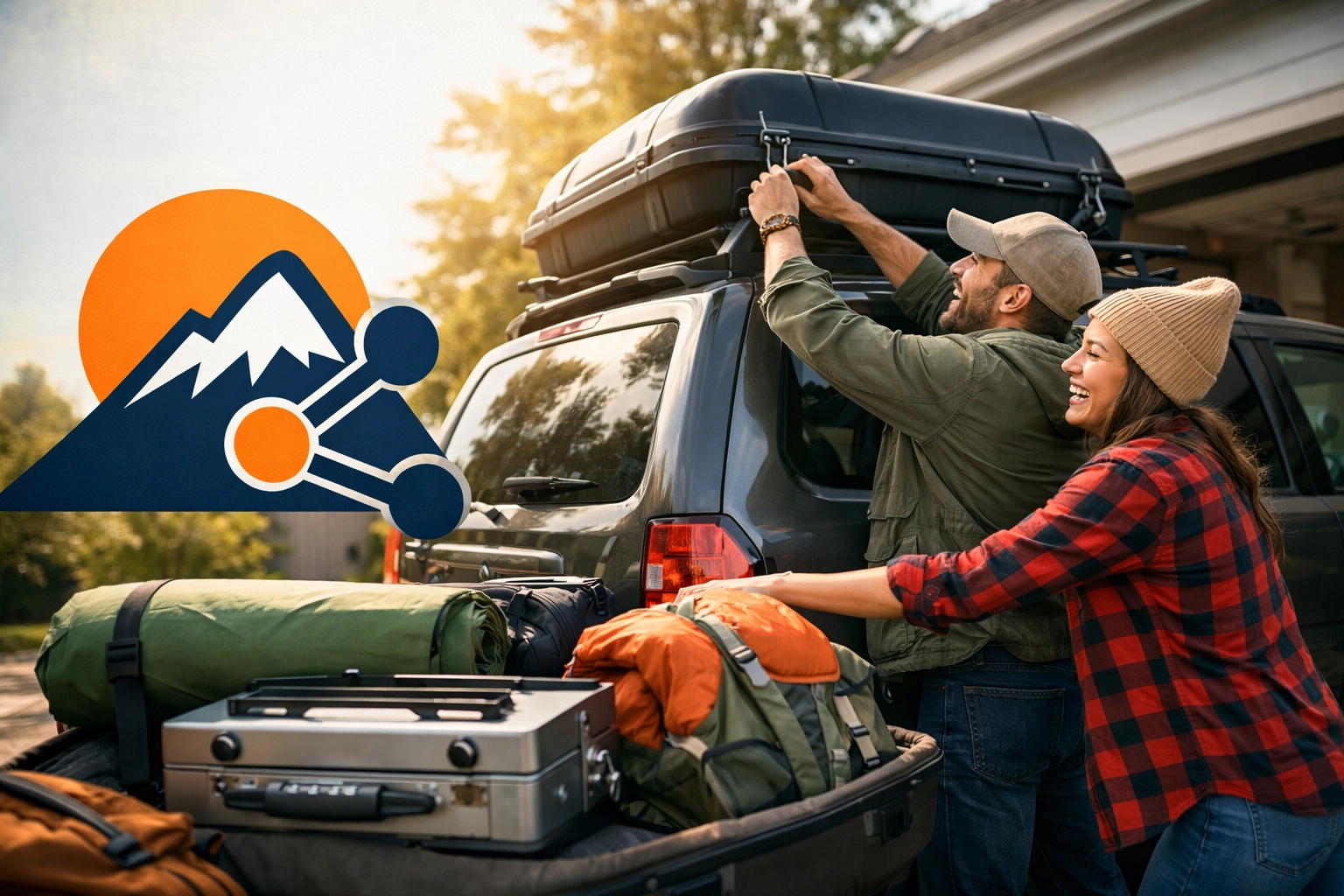 Couple loading rented camping gear and a cargo carrier onto an SUV.