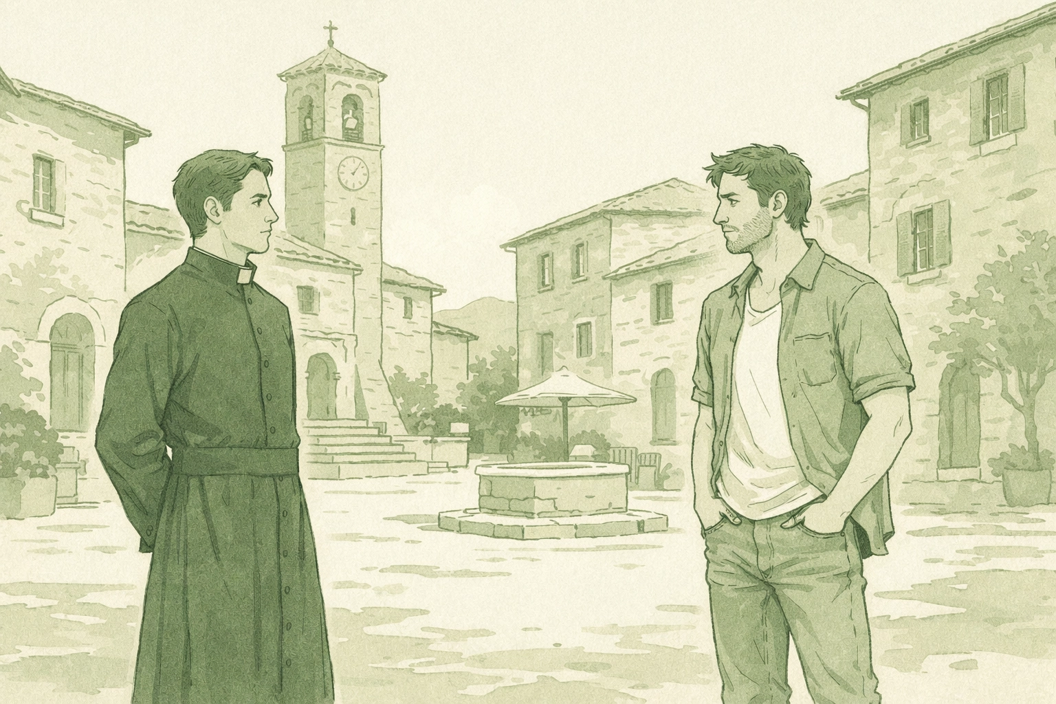 Priest and man sharing longing glance in Italian village - forbidden gay love and faith conflict