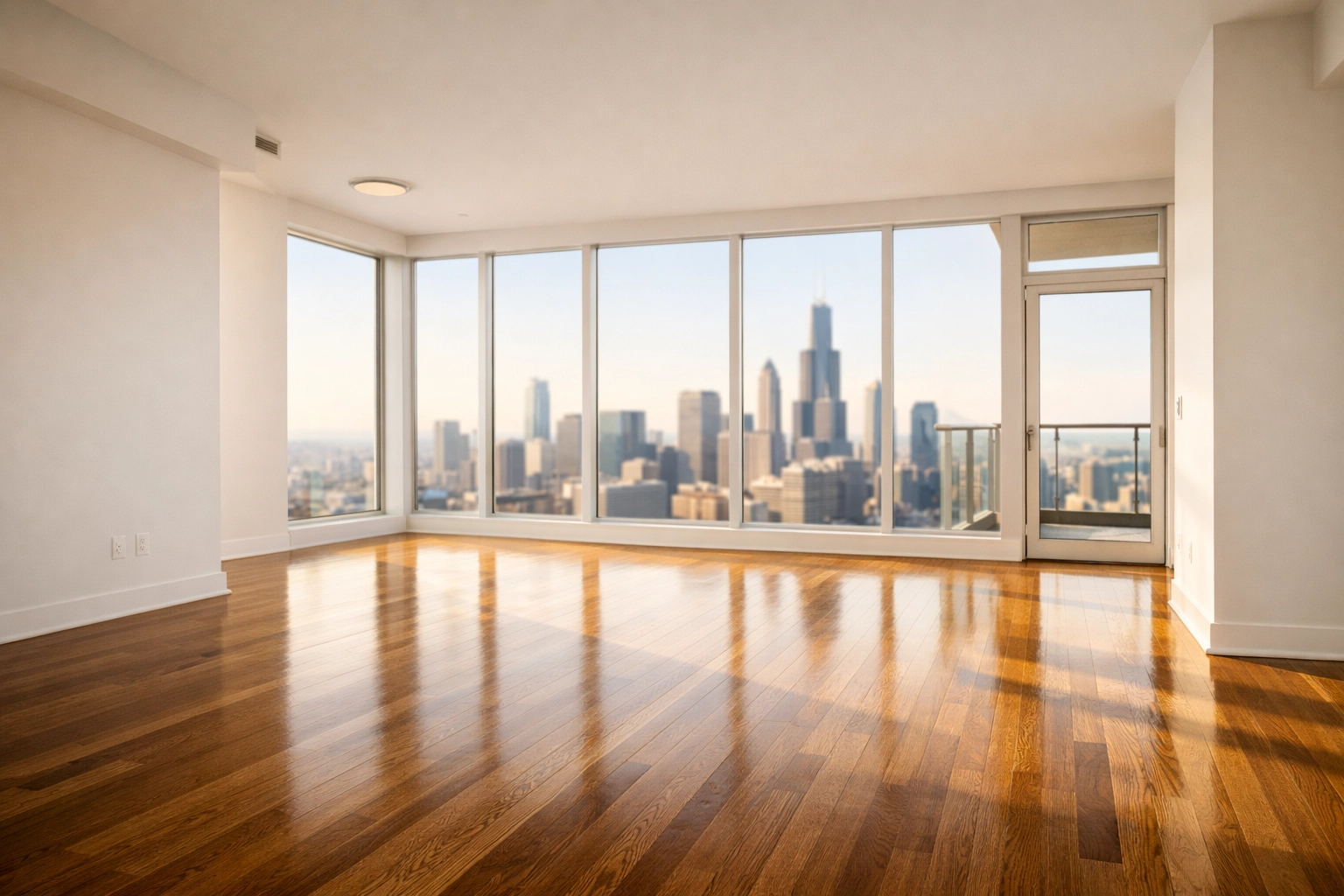 Pristine Chicago apartment living room with polished hardwood floors ready for a new tenant move-in.