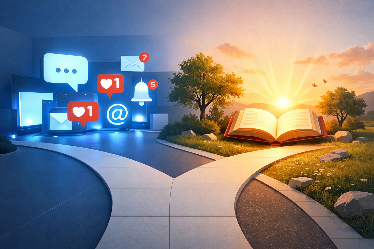 Two morning paths: digital screens versus open Bible with peaceful sunrise representing daily choice