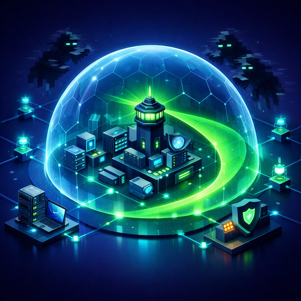 Proactive cybersecurity shield protecting a business network hub from external cyber threats.