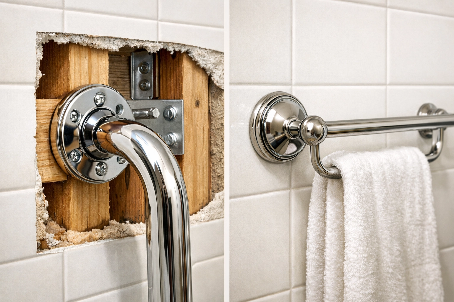 Properly installed grab bar with wall studs vs unsafe towel bar in bathroom