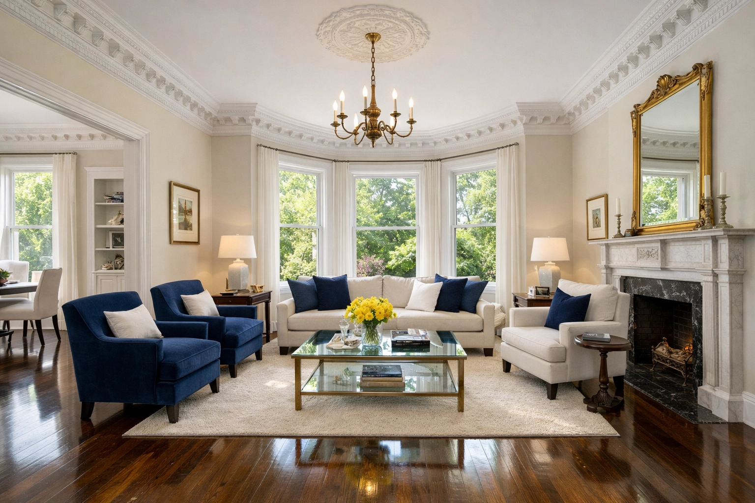 Spacious West Cambridge living room with polished floors after a professional house cleaning Cambridge MA.