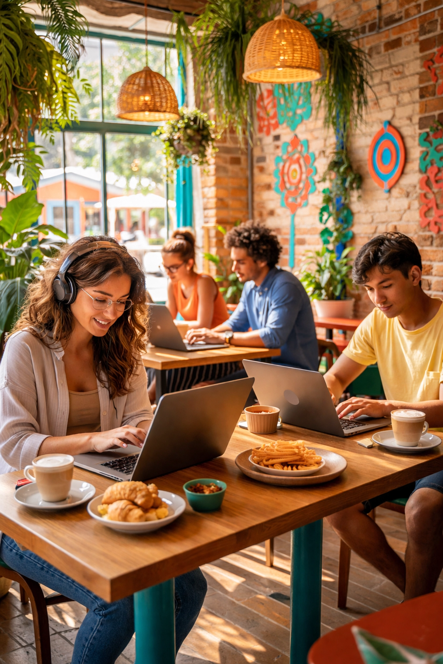 Remote workers with laptops at a trendy café in Puerto Vallarta's Zona Romántica