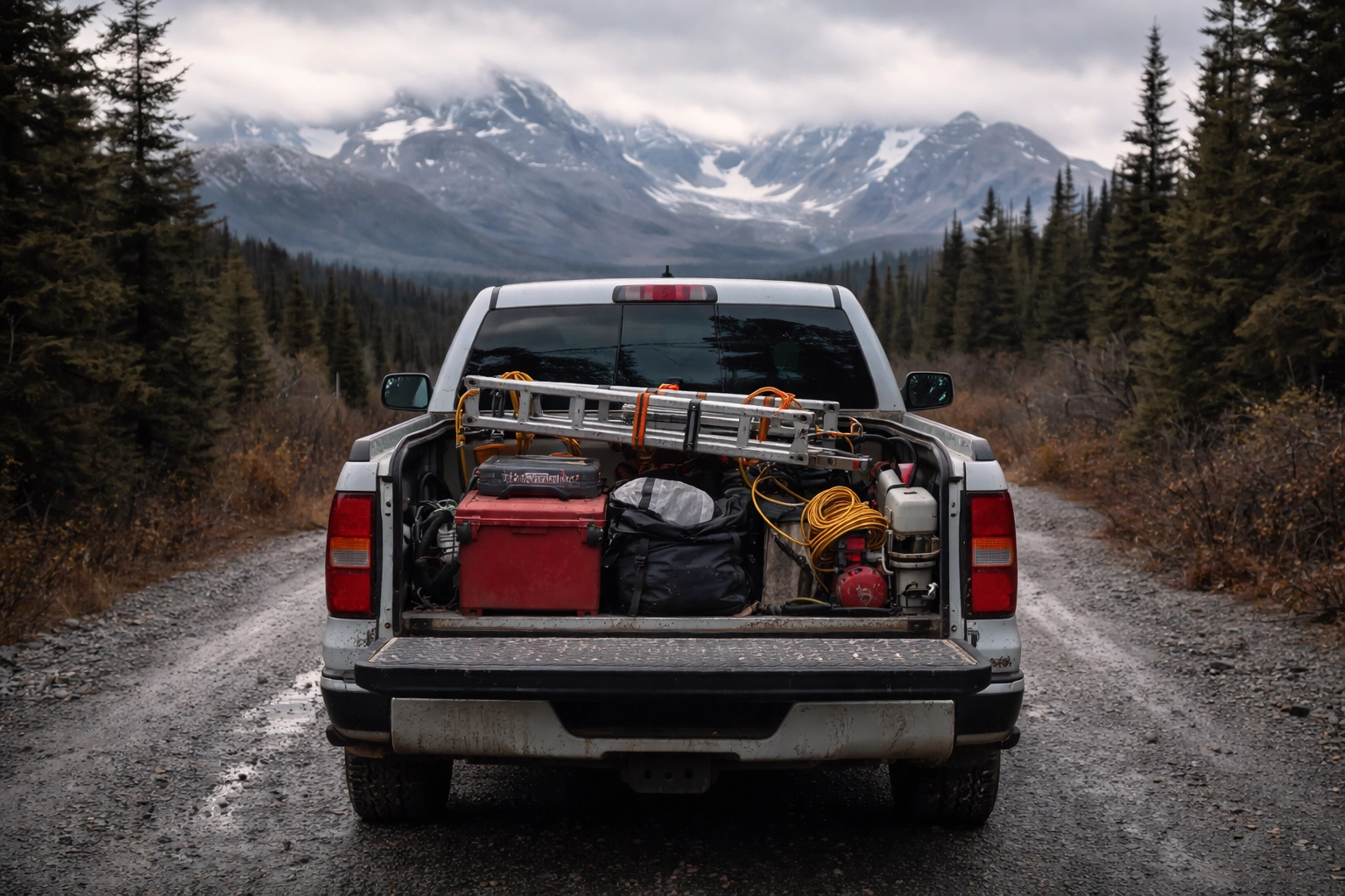 Contractor's pickup truck loaded with tools and equipment on an Alaskan gravel road, illustrating the need for inland marine insurance.