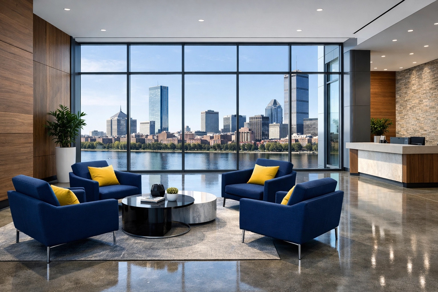A pristine Boston office lobby with polished floors cleaned by professional janitorial services Massachusetts.