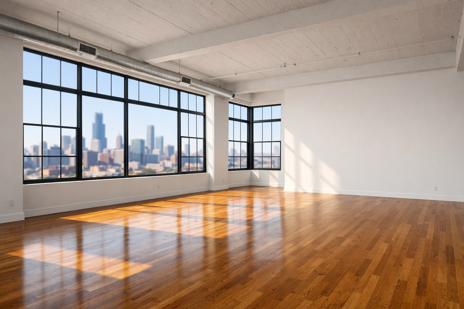Clean, move-out ready Chicago loft with polished hardwood floors and city views for professional property management.