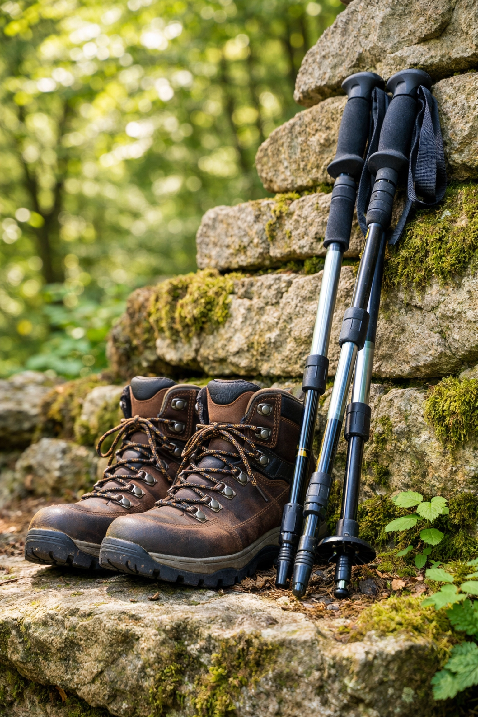 Essential gear for mountain hiking including sturdy waterproof boots and telescopic walking poles.