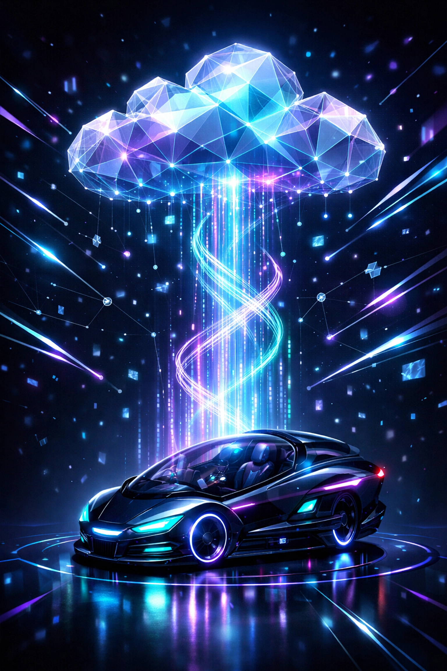 Futuristic gaming pod sending real-time engagement data to a cloud network via AI infrastructure.