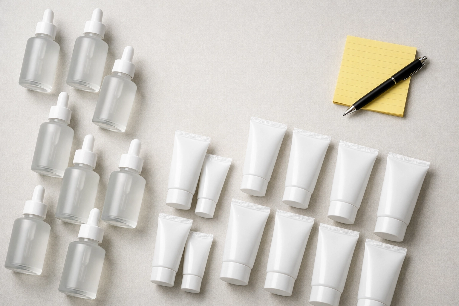 Bulk beauty and cosmetic inventory featuring frosted glass bottles from USA wholesale suppliers.